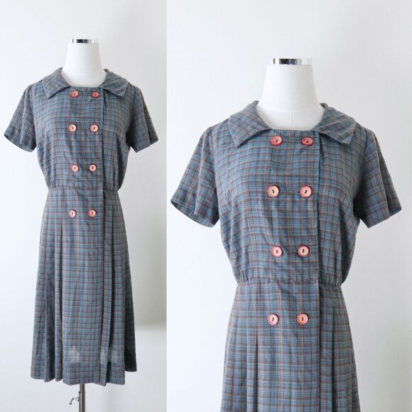 Vintage Dresses & Skirts - Vintage 1950s John Norman Inc. Double Breasted Shirt Dress Plaid Short Sleeve